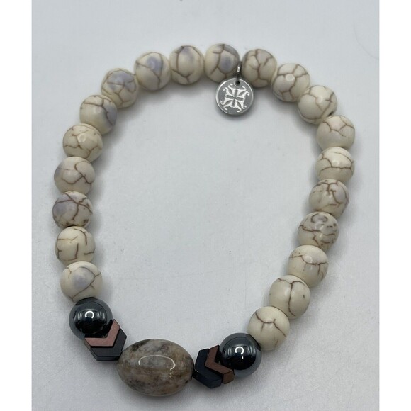 Rustic Cuff Leaf Metal Cuff Bracelet & Natural Stone Stretch Bracelet Set New - Picture 4 of 7